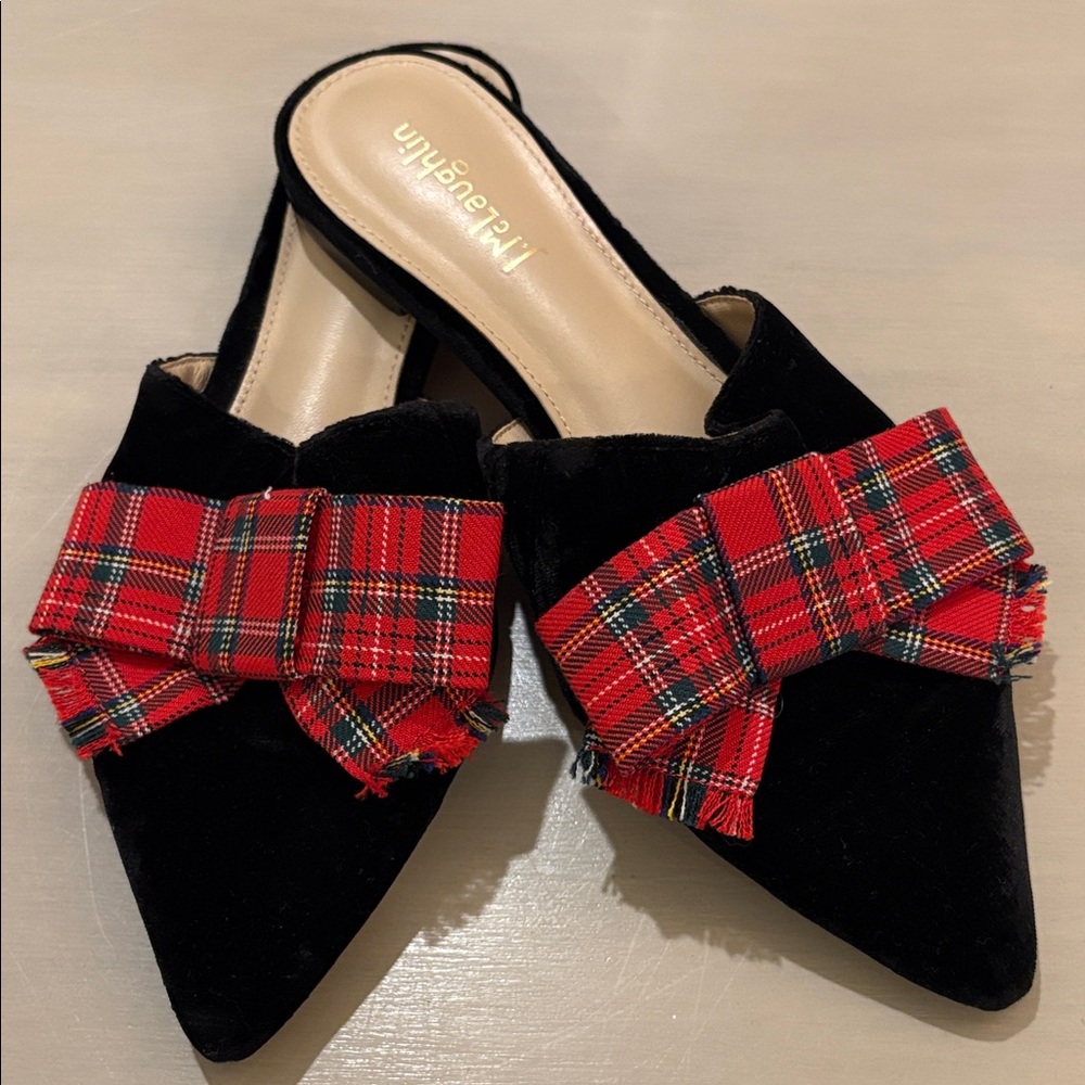 J. McLaughlin Black Velvet Mules with Red Plaid Bow
